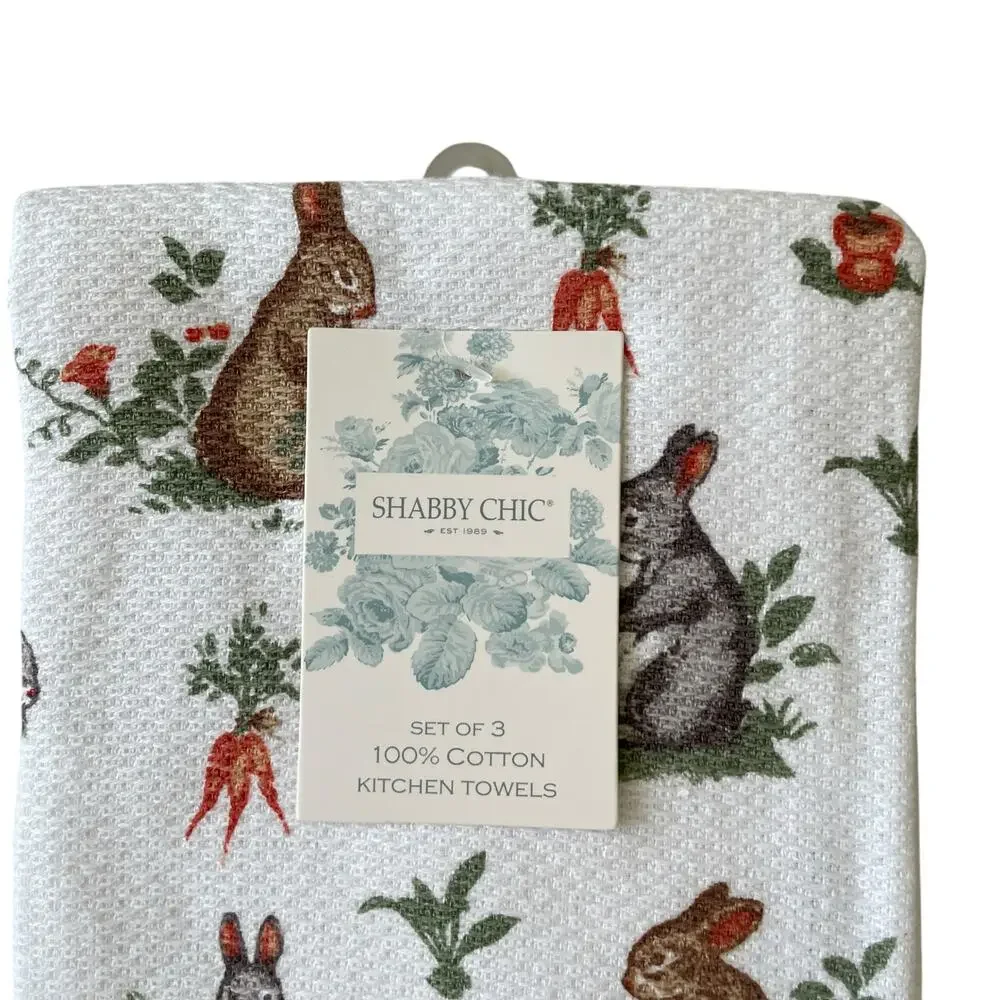 Shabby Chic Cotton Kitchen Towels Spring Floral Easter Bunny Rabbit Set of 3 NEW
